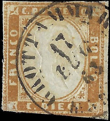 c1863 Sardinia Italy 10c Stamp -Scott 11 - 3+ Margins - Nice Cancel - Thin - Used