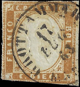 c1863 Sardinia Italy 10c Stamp -Sc# 11 - 3+ Margins - Nice Cancel - Thin - Used