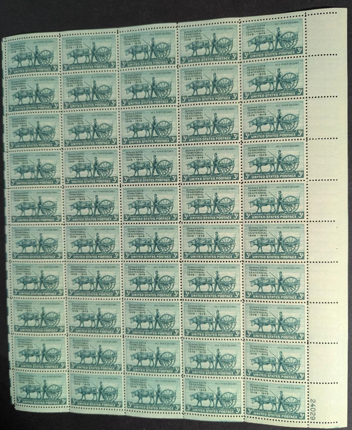 1949 USA Minnesota 3c Sheet -Scott 981 -MNH, Undisturbed OG - Corner Flaw