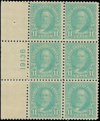 c1922 - Scott 563 Hayes Plate Block of 6 - MNH, Undisturbed OG - Cat= $70