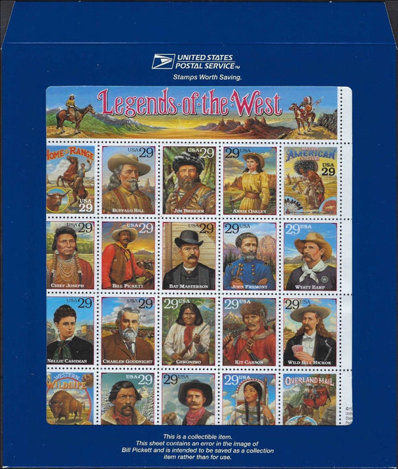 c1994 - USA Scott 2870 Legends of the West Error Sheet - with Sleeve - Cat= $125