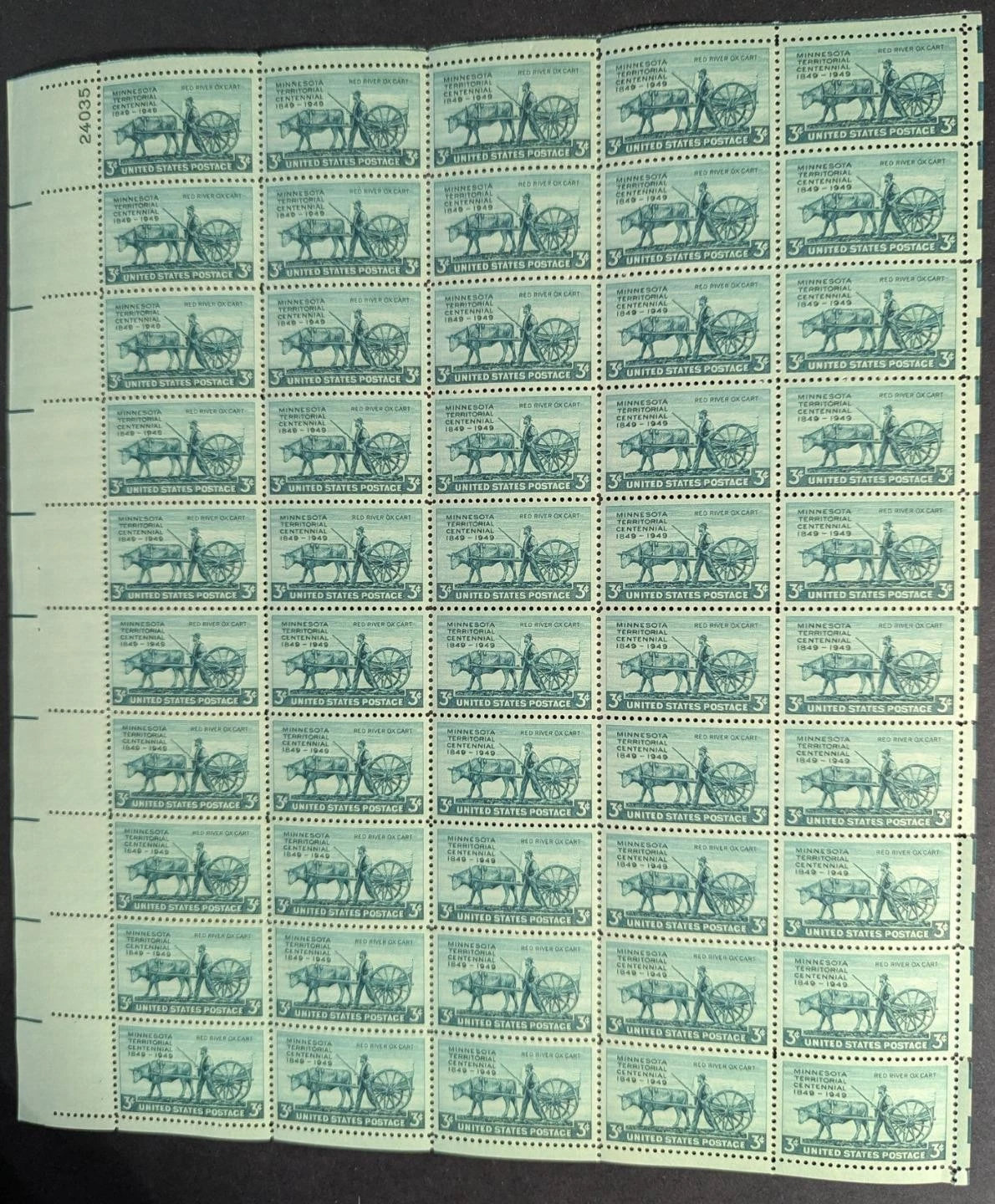 1949 USA Minnesota 3c Sheet -Scott 981 -MNH, Undisturbed OG - Pulled Corner Perf