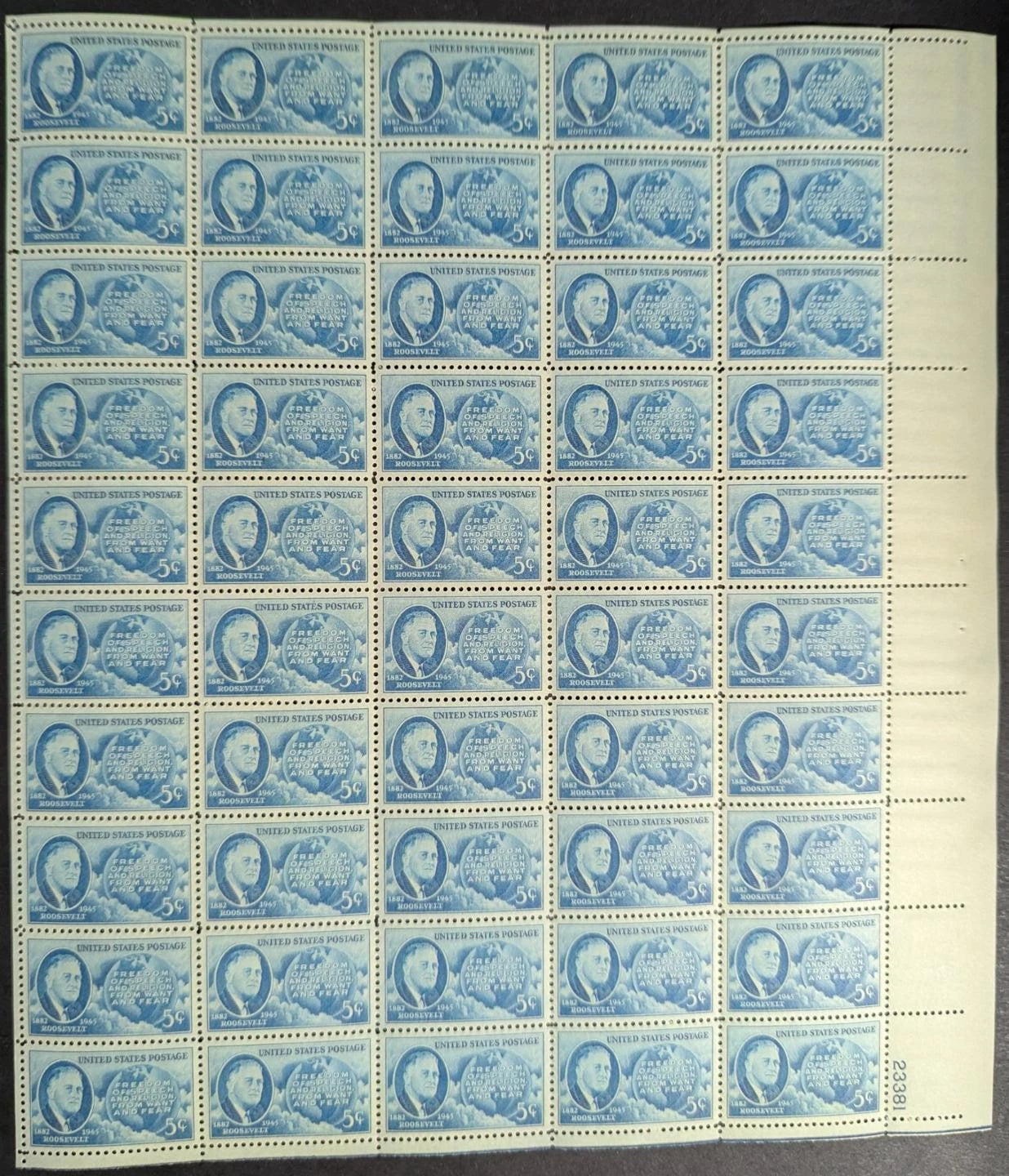 1946 USA F. Roosevelt 5c Sheet -Scott 933 -MNH, Undisturbed OG -No Sig Flaws