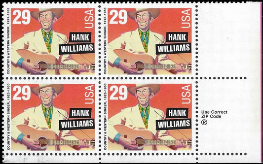 c1993 - Sc# 2723a (11.2x11.5) Hank Williams, Jr - Plate Block of 4 - MNH, OG #2