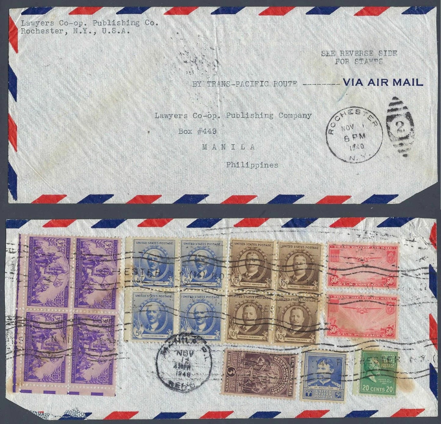 1940 Trans-Pacific Airmail Cover Rochester Manila C22 Pair Reverse Franking
