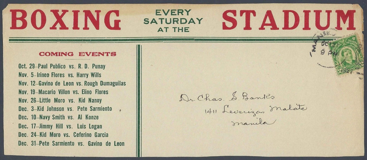 1927 Philippines Boxing Stadium Cover Manila Ceferino Garcia Harry Wills Card