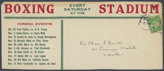 1927 Philippines Boxing Stadium Cover Manila Ceferino Garcia Harry Wills Card