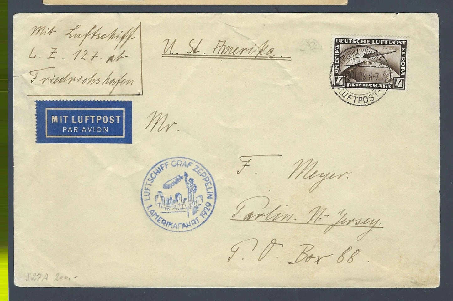 1929 Graf Zeppelin 1 Amerikafahrt Cover Friedrichshafen to New Jersey 4RM