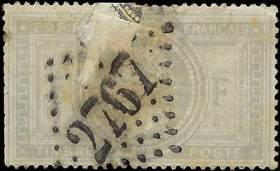 c1869 France 5F - Scott 37 - Used - Damaged, Repair Attempt - Cat= $750
