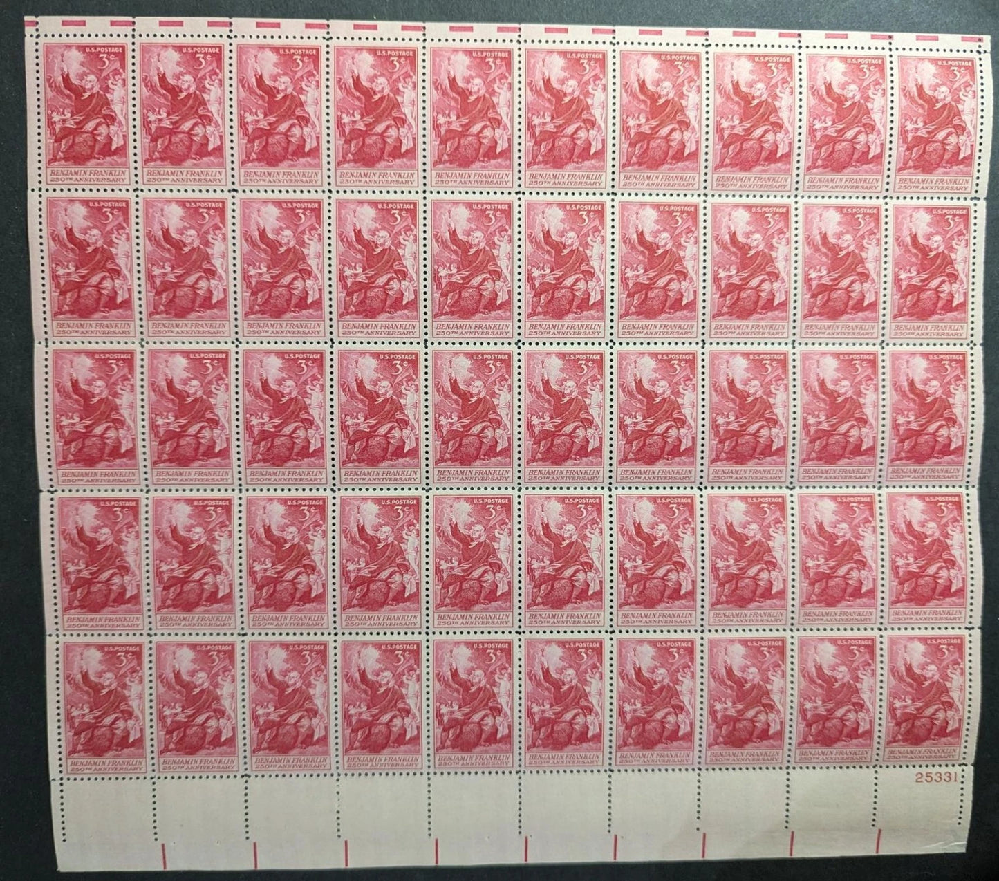 1956 USA 3c Ben Franklin Sheet -Scott 1073 -MNH, Undisturbed OG - No Sig Flaws