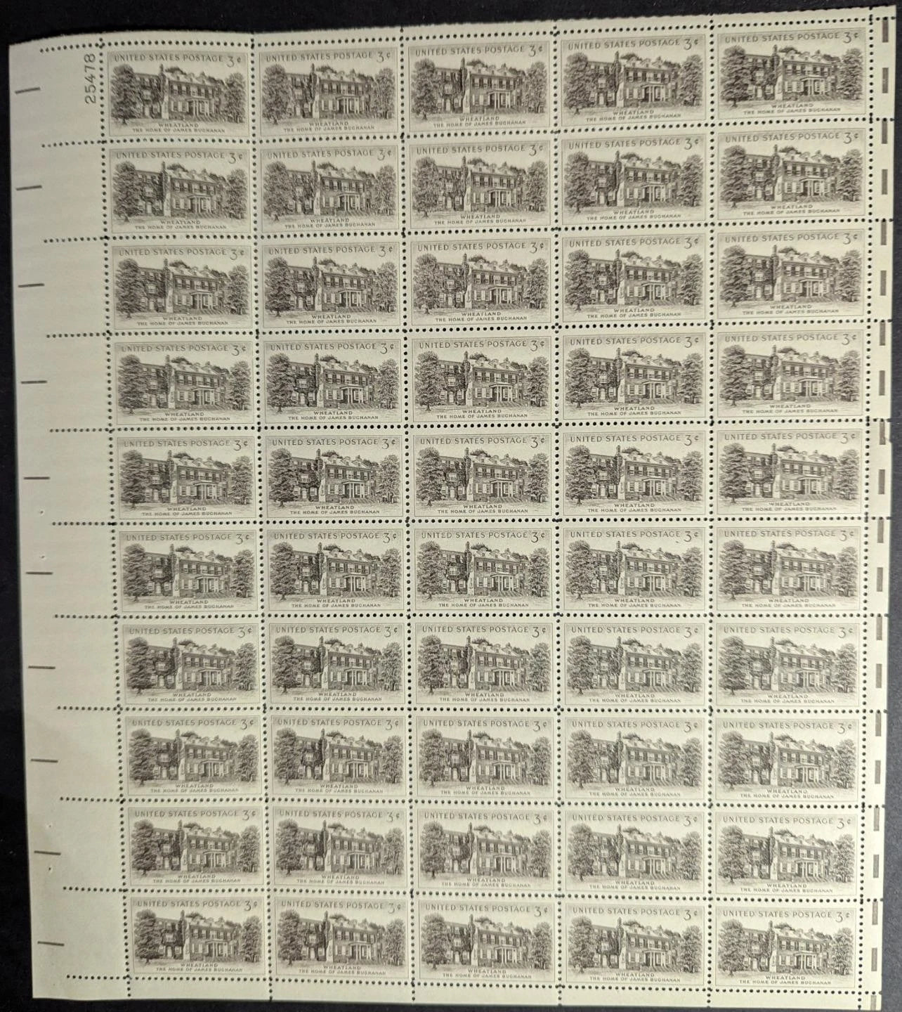 1956 USA 3c Wheatland Sheet -Scott 1081 -MNH, Undisturbed OG - 2 Pulled Perfs
