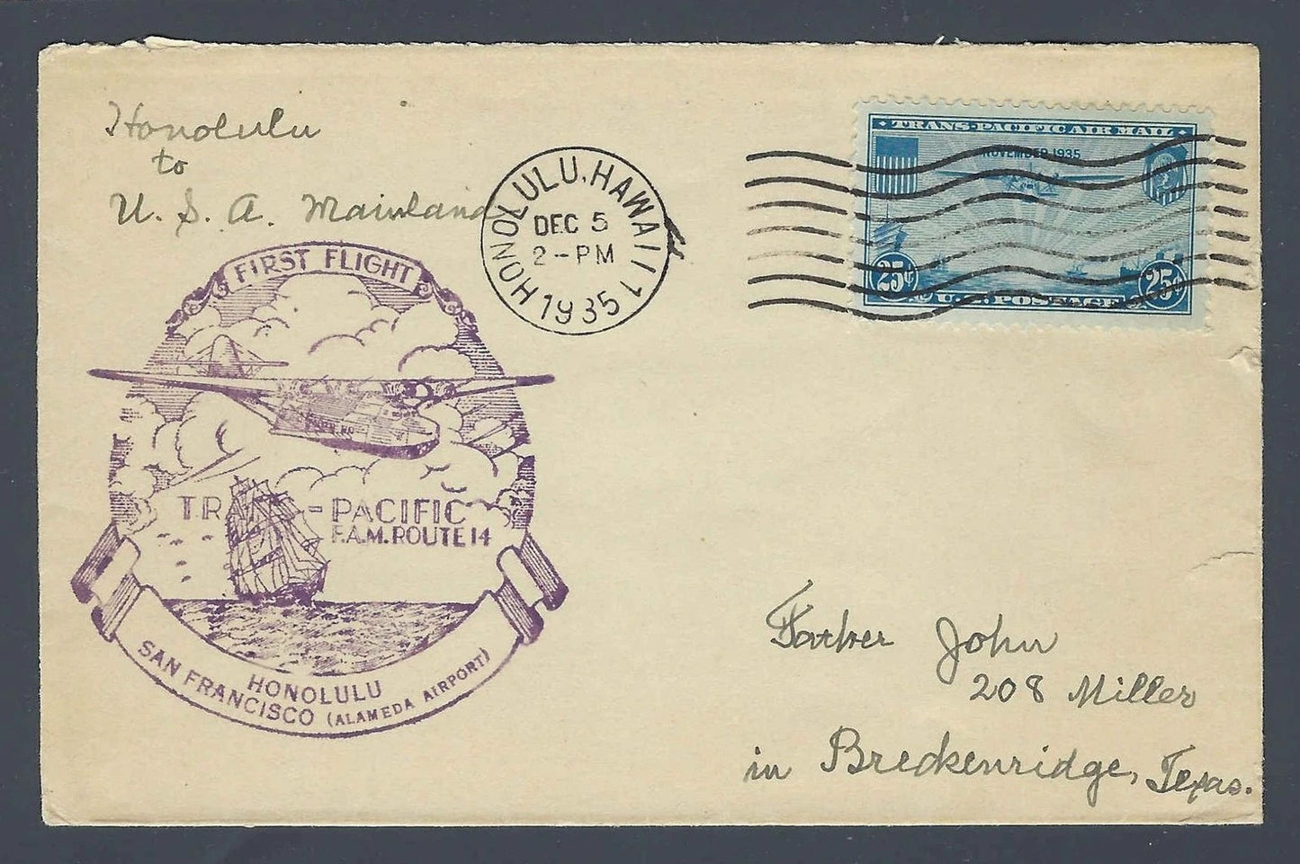 1935 FAM Route 14 First Flight Cover Honolulu Hawaii to San Francisco C20