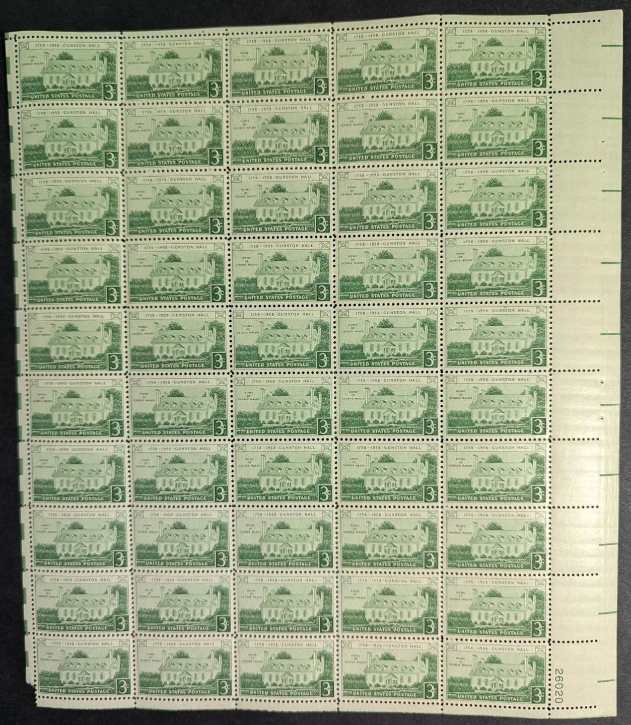 1958 USA 3c Gunston Hall Sheet -Scott 1108 -MNH, Undisturbed OG -Corner Flaw LL