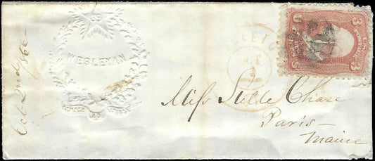 c1866 Cover 3c Washington with Fancy Cancel - Embossed "Wesleyan" Return Addr.