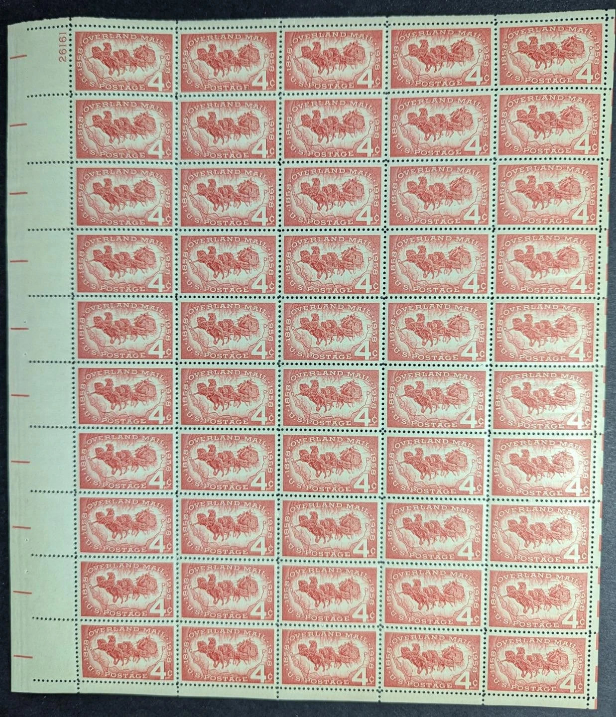 1958 USA 4c Overland Mail Sheet -Scott 1120 -MNH, Undisturbed OG -No Sig Flaws