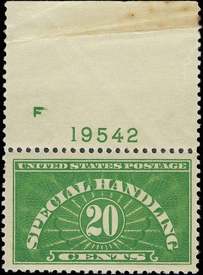 1928 20c Special Handling Plate No. - Scott QE3 - MNH, OG - Severage Discoloration
