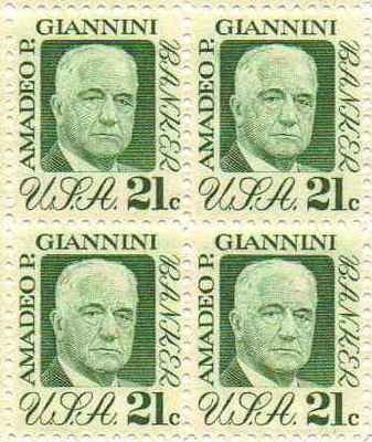 1973 Amadeo P. Giannini Block of 4 21c Postage Stamps, Scott1400, MNH, OG
