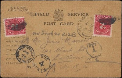 c1915 - Early in WW1 Field Service PC to Gaston, NC, USA with Postage Due