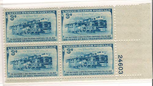 1952 B. & O. Railroad Train Plate Block of Four 3c Postage Stamps-Scott1006-MNH,OG