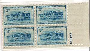 1952 B. & O. Railroad Train Plate Block of Four 3c Postage Stamps-Sc#1006-MNH,OG