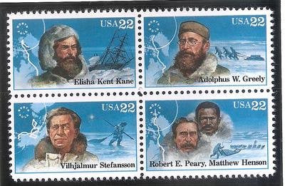 1986 Artic Explorers Block of 4 22c Postage Stamps, Scott 2220-2223, MNH, OG