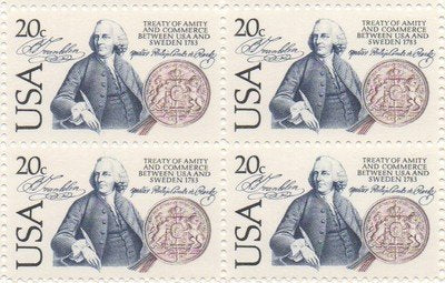 1983 US-Sweden 1783 Treaty Block of 4 20c Postage Stamps, Scott2036, MNH, OG