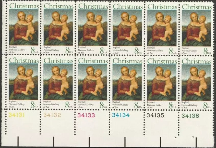 1973 S Madonna by Raphael, Plate Block of 12 8c Postage Stamps, Scott1507, MNH, OG