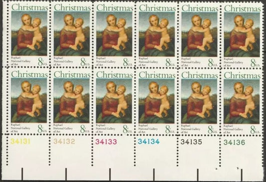 1973 S Madonna by Raphael, Plate Block of 12 8c Postage Stamps, Scott1507, MNH, OG