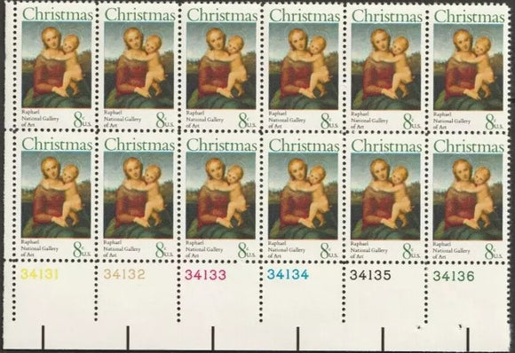 1973 S Madonna by Raphael, Plate Block of 12 8c Postage Stamps, Scott1507, MNH, OG