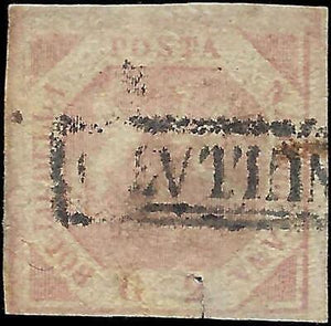 VEGAS - 1858 Two Sicilies Naples Italy 2g Stamp - Sc# 3 - Pale Lake - Small Tear