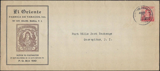 1940 Manila Tobacco Ad Cover to Fort Mills Corregidor Philippines