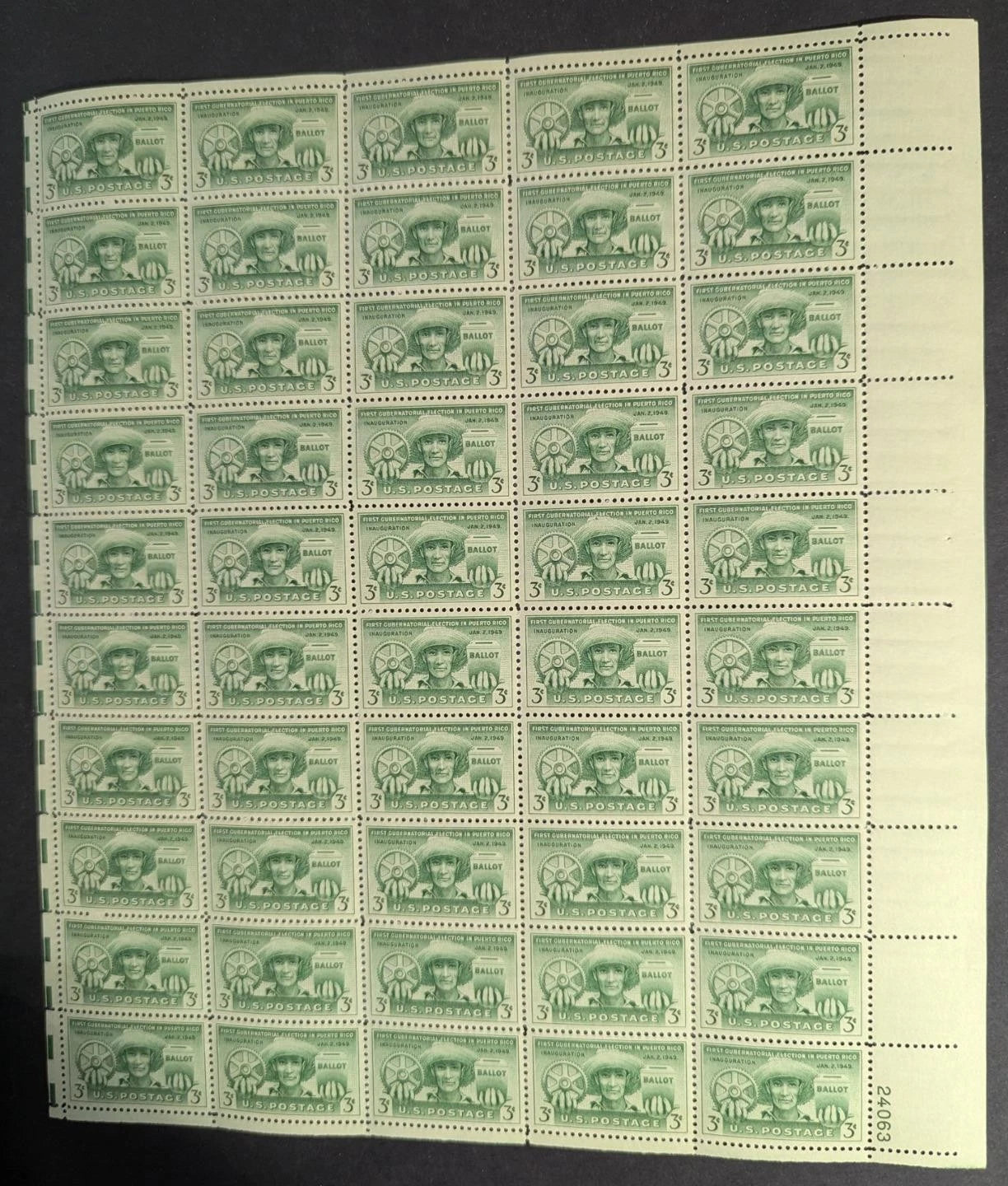 1949 USA Puerto Rico 3c Sheet -Scott 983 -MNH, Undisturbed OG -No Sig Flaws