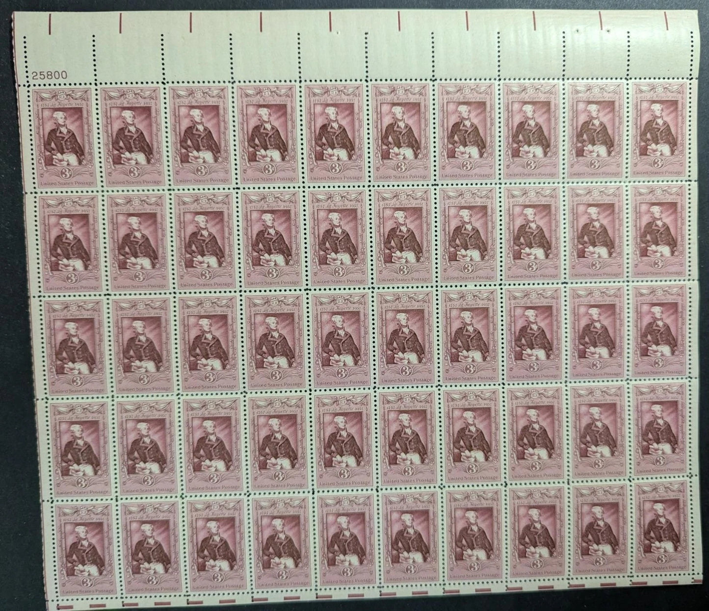 1957 USA 3c Layayette Sheet -Scott 1097 -MNH, Undisturbed OG -No Sig Flaws