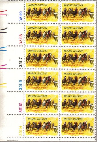 1974 Horse Racing Plate Block of 12 10c Postage Stamps, Scott1528, MNH, OH