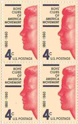 1960 Boys' Clubs of America Block of 4 4c Postage Stamps, Scott1163, MNH, OG