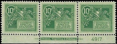 c1908 - #E7 1c Special Delivery Margin Strip of 3 - MNH, OG