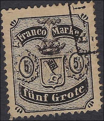 c1866 Bremen, Germany 5gr - Scott 12 - Used - Perf 12.5 - Corner Perf - Cat= $325