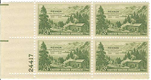 1951 Nevada Centennial Plate Block of 4 3c Postage Stamps - Scott 999 - MNH,OG