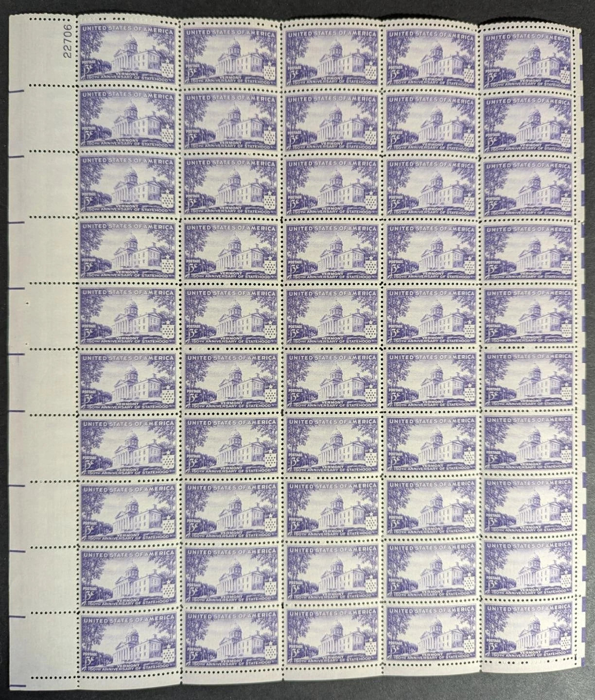 1941 USA Vermont 3c Sheet - Scott 903 - MNH, Undisturbed OG - No Sig Flaws