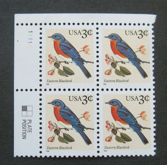 1996 Eastern Bluebird Plate Block of 4 25c Postage Stamps, Scott 3033, MNH, OG