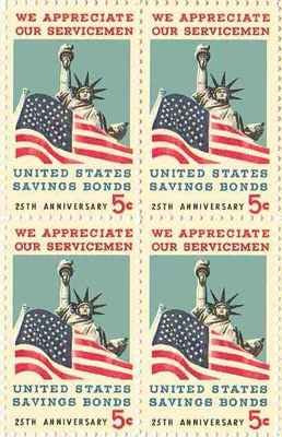 1966 US Savings Bond Block of 4 5c Postage Stamps, Scott 1320, MNH, OG