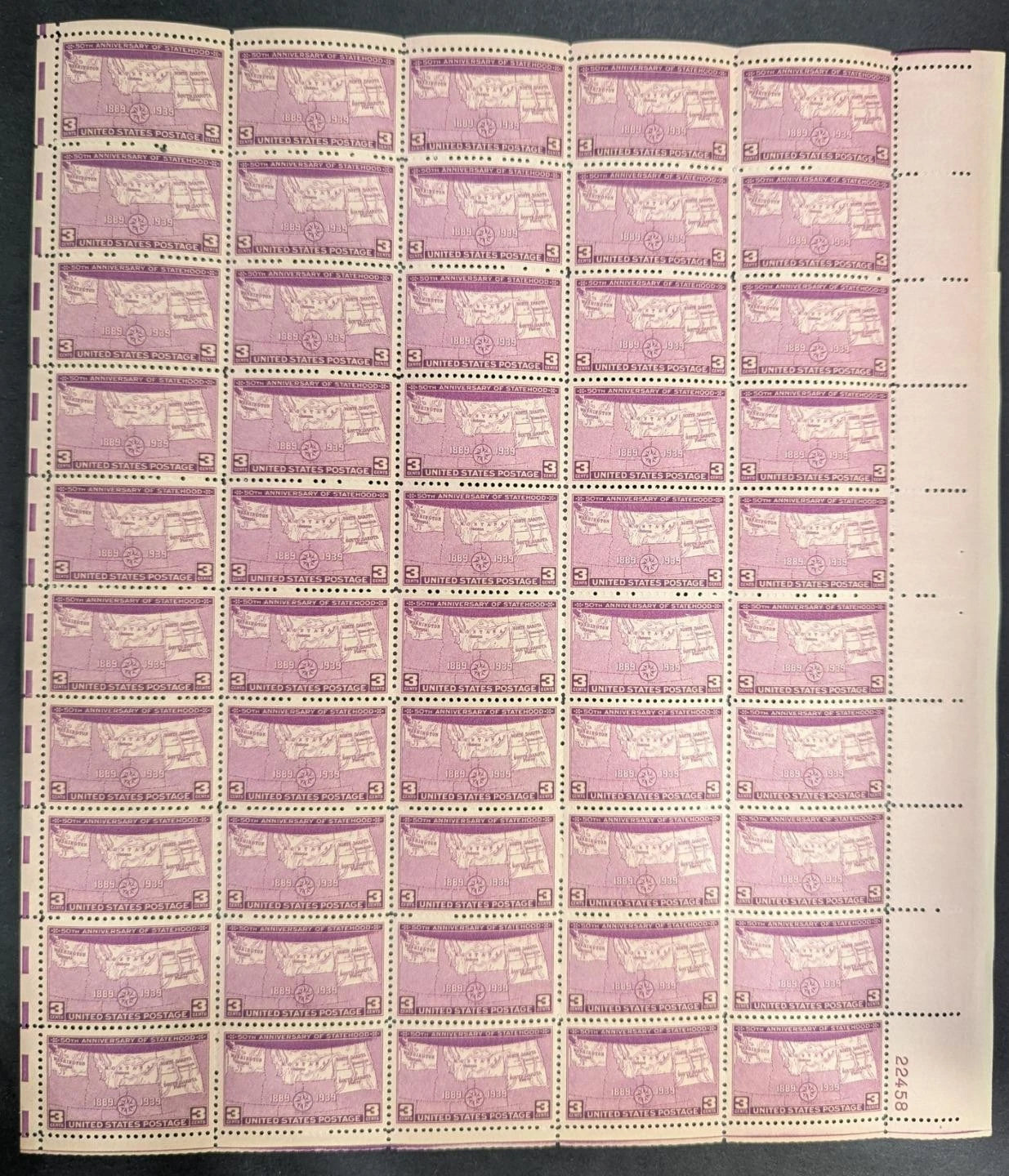 1939 USA Statehood Issue 3c Sheet - Scott 858 - MNH, Undisturbed OG