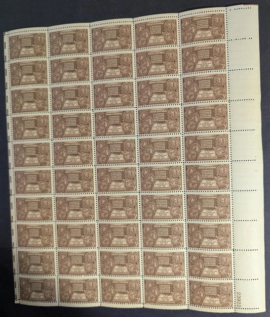 1948 USA Indian Centenn 3c Sheet -Scott 972 -MNH, Undisturbed OG -No Sig Flaws