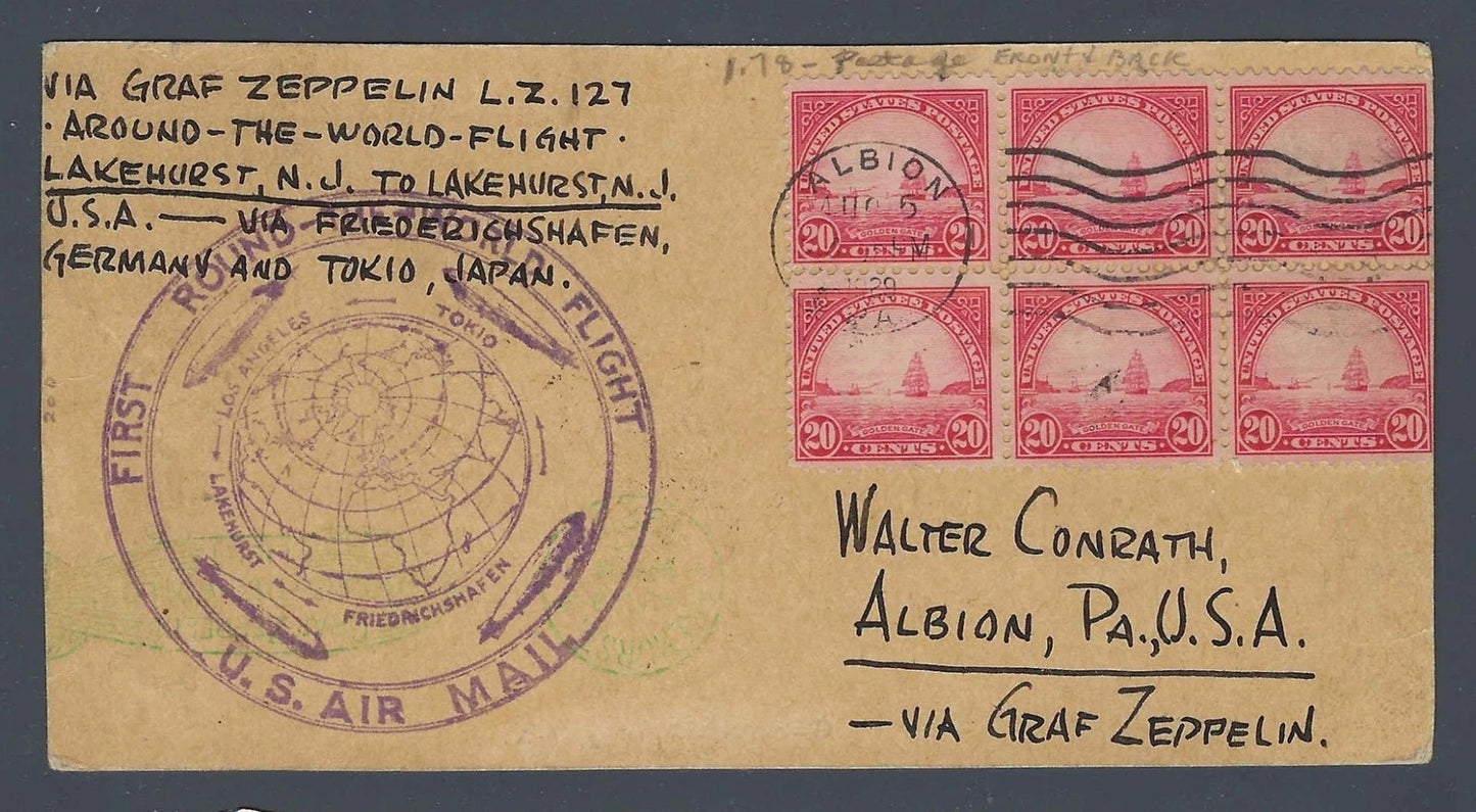 1929 Graf Zeppelin Round World Flight Cover $1.78 Rate 567 Block 6 Albion PA