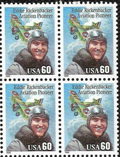 1995 Eddie Rickenbacker Block of 4 60c Postage Stamps, Scott 2998, MNH, OG