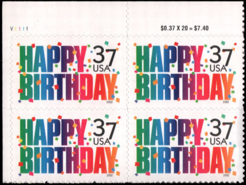 2002 Happy Birthday Plate Block of 4 37c Postage Stamps, Scott 3695, MNH, OG