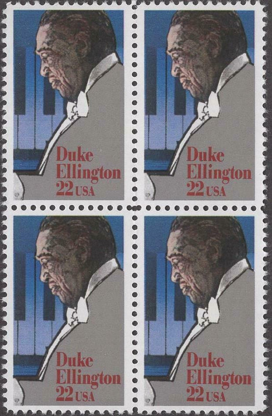 1986 Duke Ellington Block of 4 22c Postage Stamps, Scott 2211, MNH, OG