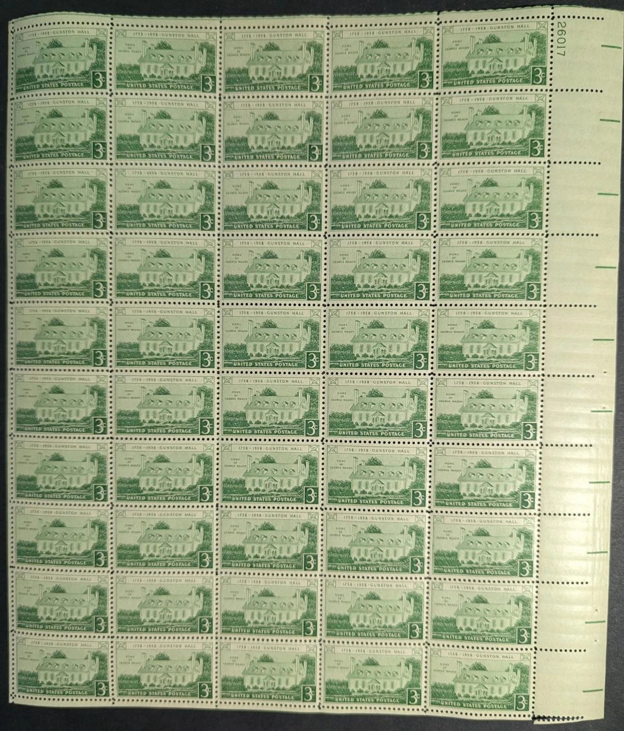 1958 USA 3c Gunston Hall Sheet -Scott 1108 -MNH, Undisturbed OG -Perfs Pulled LR