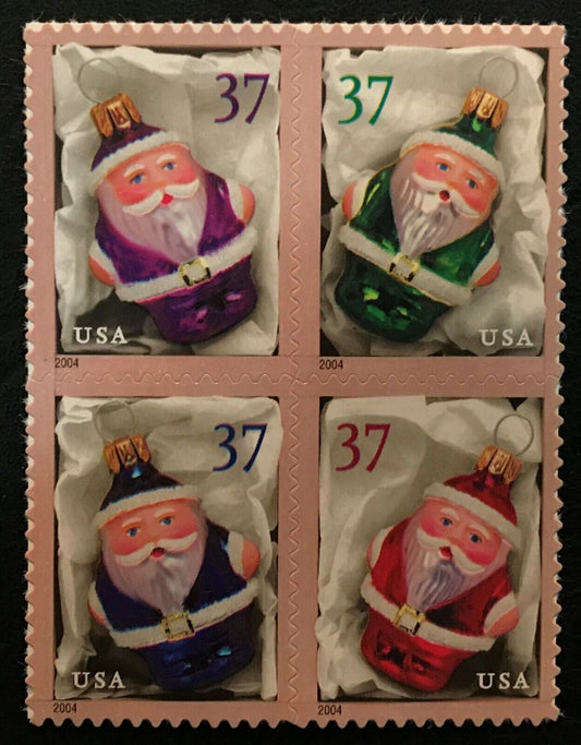 2004 Santa Christmas Ornaments Block of 4 37c Stamps, Scott 3883-3886, MNH, OG