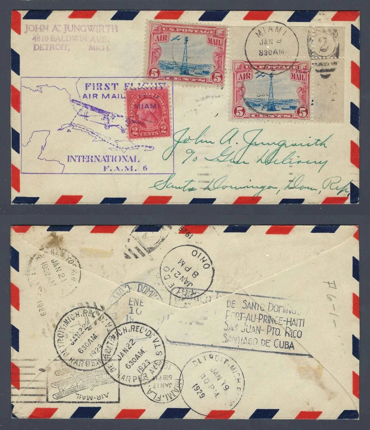 1929 FAM 6 Inaugural First Flight Cover Miami to Santo Domingo Dominican Rep